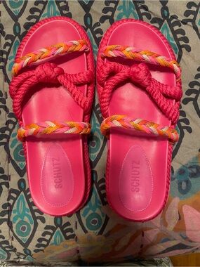 SCHUTZ Hot Pink Braided Rope Slide Sandals with Multicolor Accents. Size 9